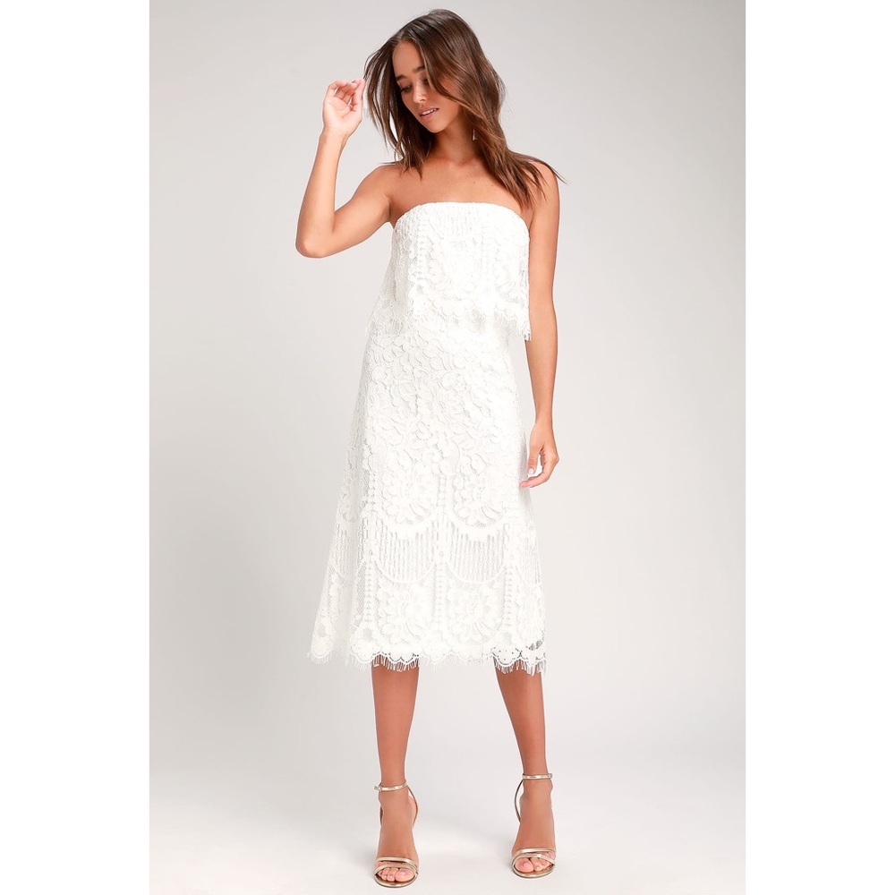 Lulus White Lace Strapless Midi Dress
